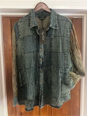 Young Threads Patchwork Washed Denim Button-Up Boho Shirt Jacket with pockets.